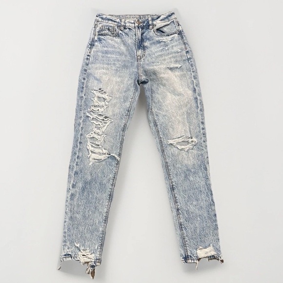 American Eagle Jeans Women 0 Mom Straight Jean High Rise Denim 90s Distressed - Picture 1 of 12